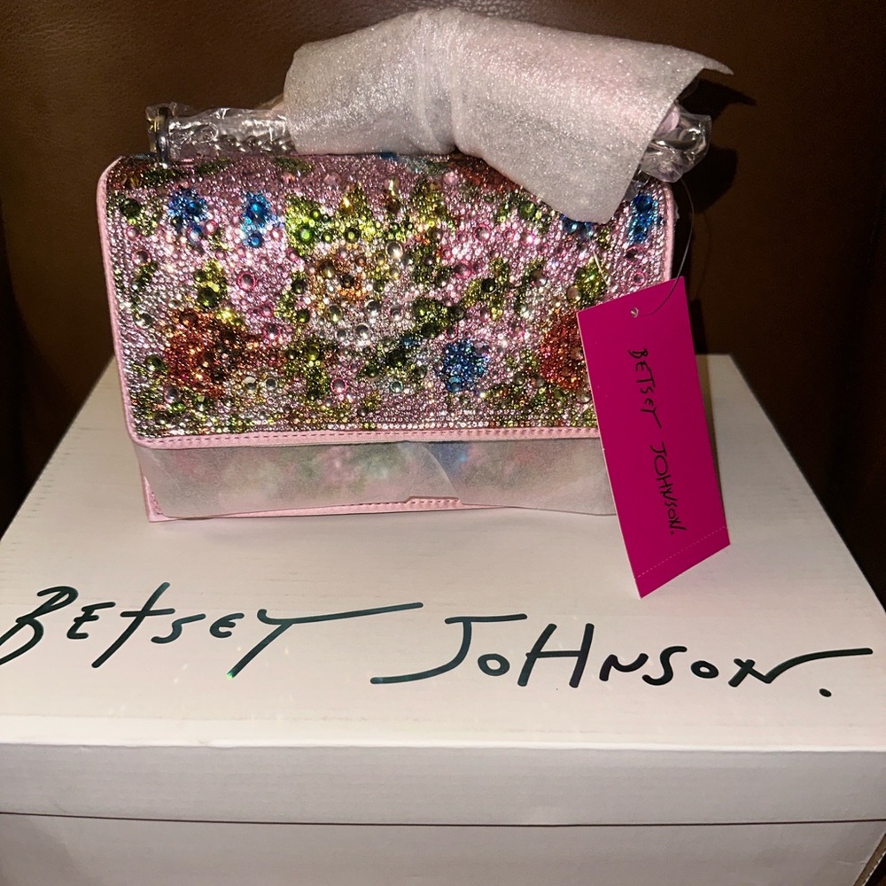 Betsey Johnson Sparkling Pink Multicolor Gem Wristlet/Long purse/crossbody